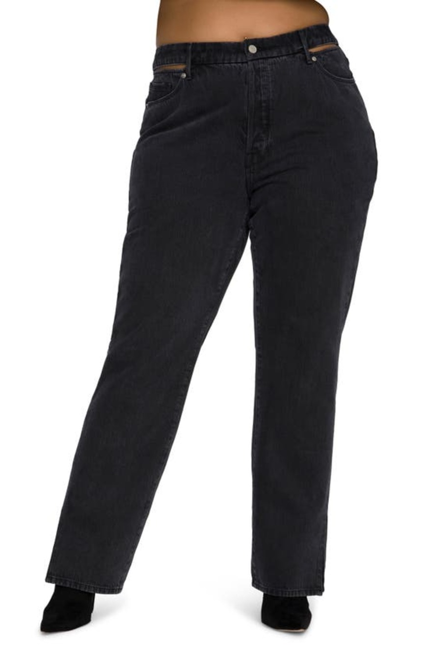 Good American Womens Sz 14 Good Boy High Waist Straight Leg Jeans Black Peekaboo